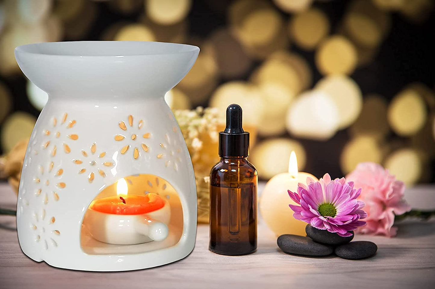 Ceramic Tea Light Holder, Aromatherapy Oil Burner, Wax Warmer, Tealight Holder with White Floral Pattern for Valentine's Day Gift