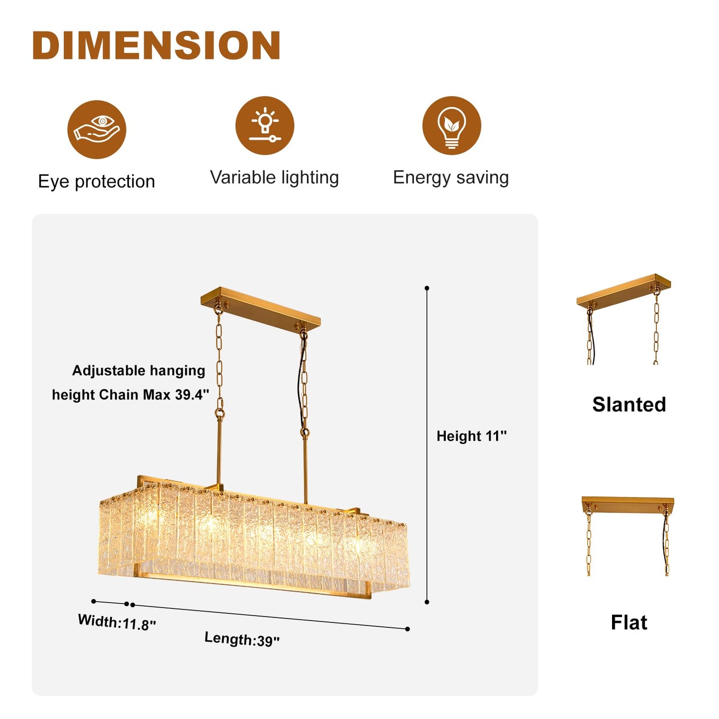 HSMKL Modern Rectangular Crystal Chandelier for Dining Room Gold Rectangle Water Ripple Glass Pendant Ceiling Light 5-Lights Hanging Light Fixture for Living Room Kitchen Island L39" x W11.8" x H11"