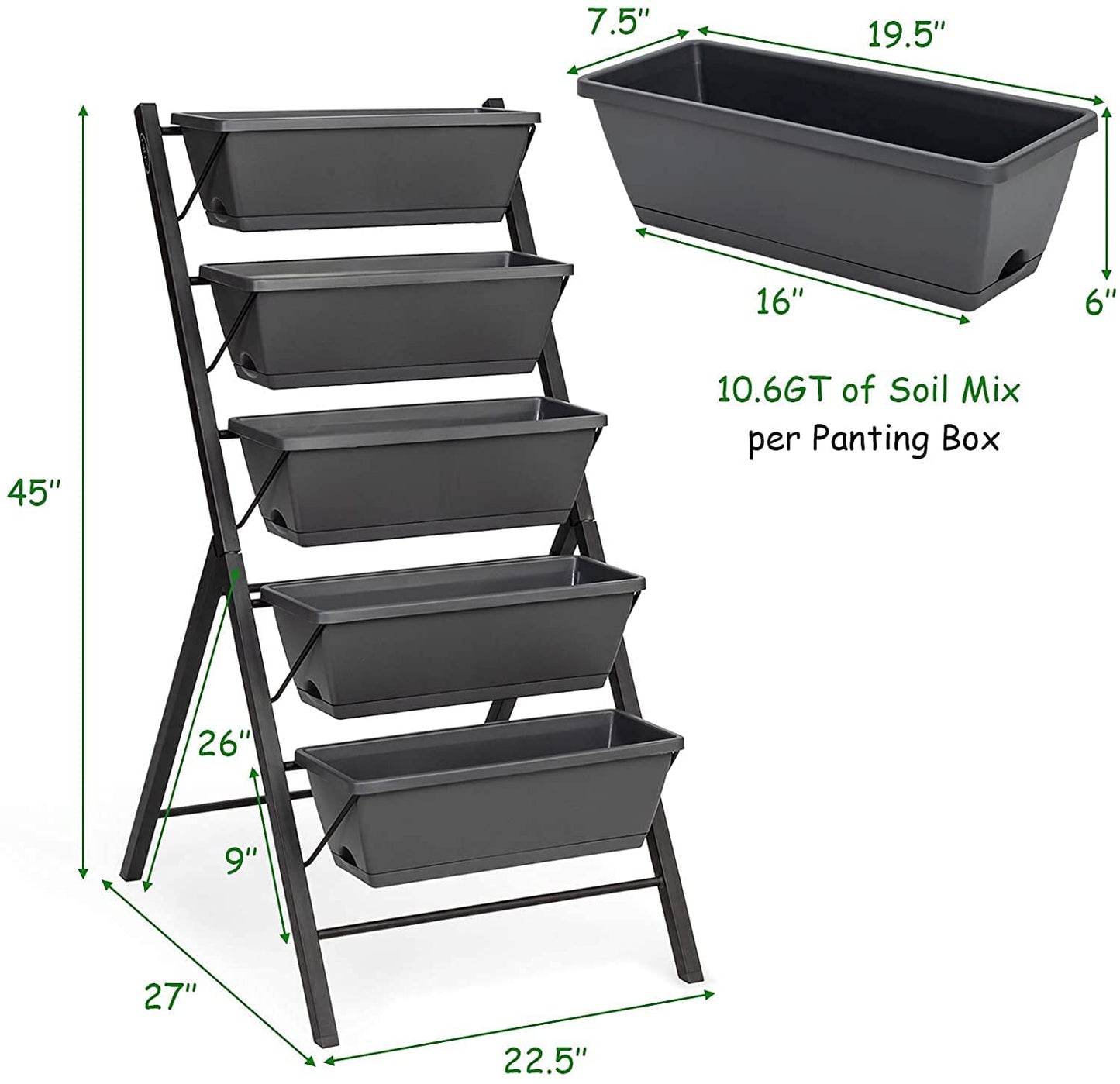 HAPPYGRILL 5 Tiers Raised Garden Bed, Freestanding Planter Box Container with Drainage Holes for Vegetables, Flowers, Indoor Outdoor Elevated Planter Raised Beds for Balcony, Patio, Backyard