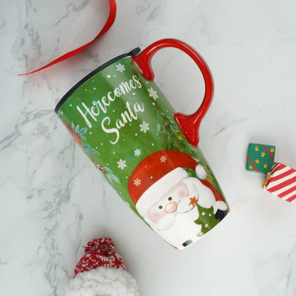 Topadorn 17oz Christmas Ceramic Travel Coffee Mug with Sealed Lid Tea Cup with Color Box, Microwave & Dishwasher Safe, Unique Coffee Mug for Latte & Hot Chocolate, Christmas Home Gifts, Santa