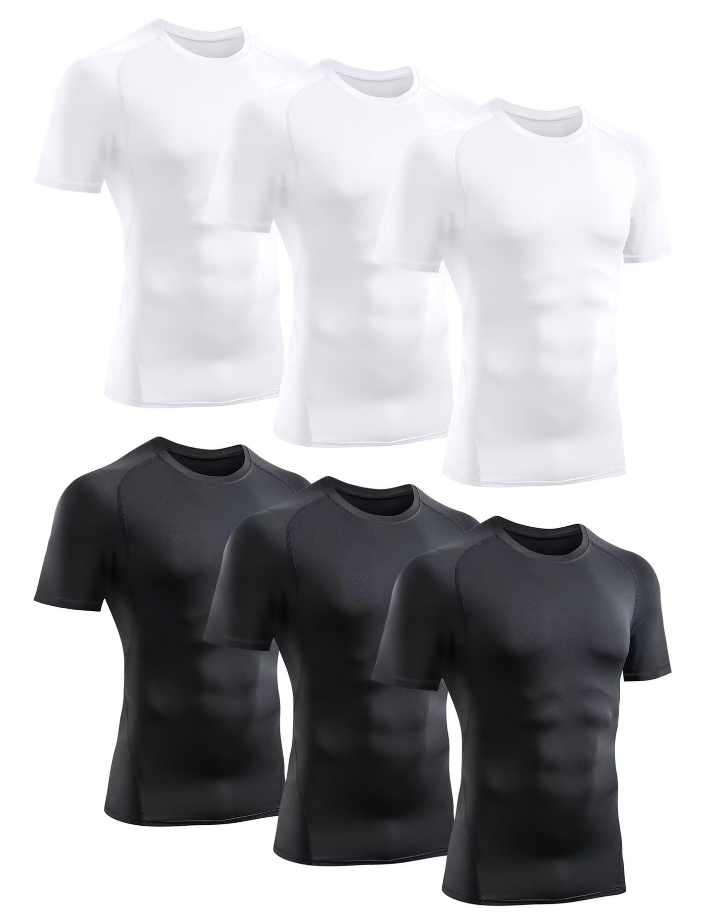 TELALEO 6 Pack Men's Compression Shirt Short Sleeve Athletic Baselayer Sports T Shirts Workout Tops for Men Black White L