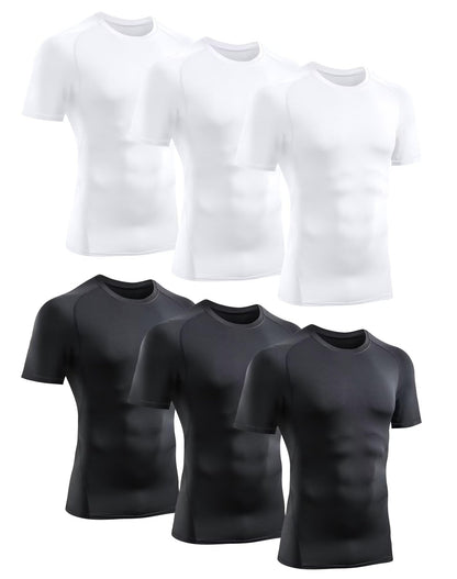 TELALEO 6 Pack Men's Compression Shirt Short Sleeve Athletic Baselayer Sports T Shirts Workout Tops for Men Black White L
