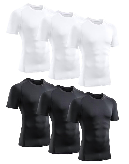 TELALEO 6 Pack Men's Compression Shirt Short Sleeve Athletic Baselayer Sports T Shirts Workout Tops for Men Black White L