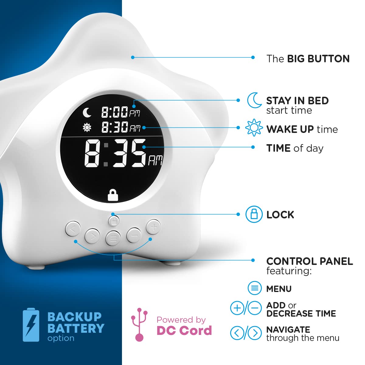 Stay-in-Bed Clock for Kids - Toddler Sleep Trainer, Night Light & Alarm
