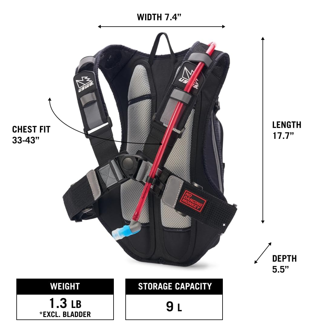 USWE Airborne Limited Race Edition with Water Bladder Included, Hydration Backpack for Men and Women, Ideal for MTB, Cycling, Mountain Biking (9L, Black Grey)