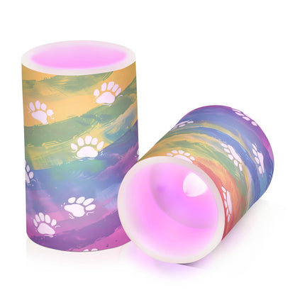 Animal Dog Cat Paw Prints on Rainbow02 Flickering Flameless Candles Battery Operated with Remote Timer,Tea Light Candles LED Pillar Votive Candles Set of 2 for Outdoor Indoor Decorations