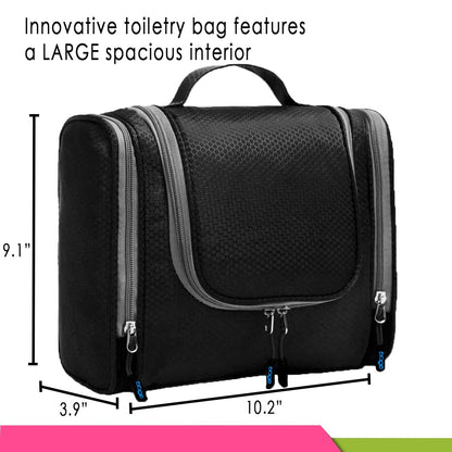 Bago Travel Hanging Toiletry Wash Bag - Large Waterproof Organizer for Women and Men - Cosmetic Essentials (Black)
