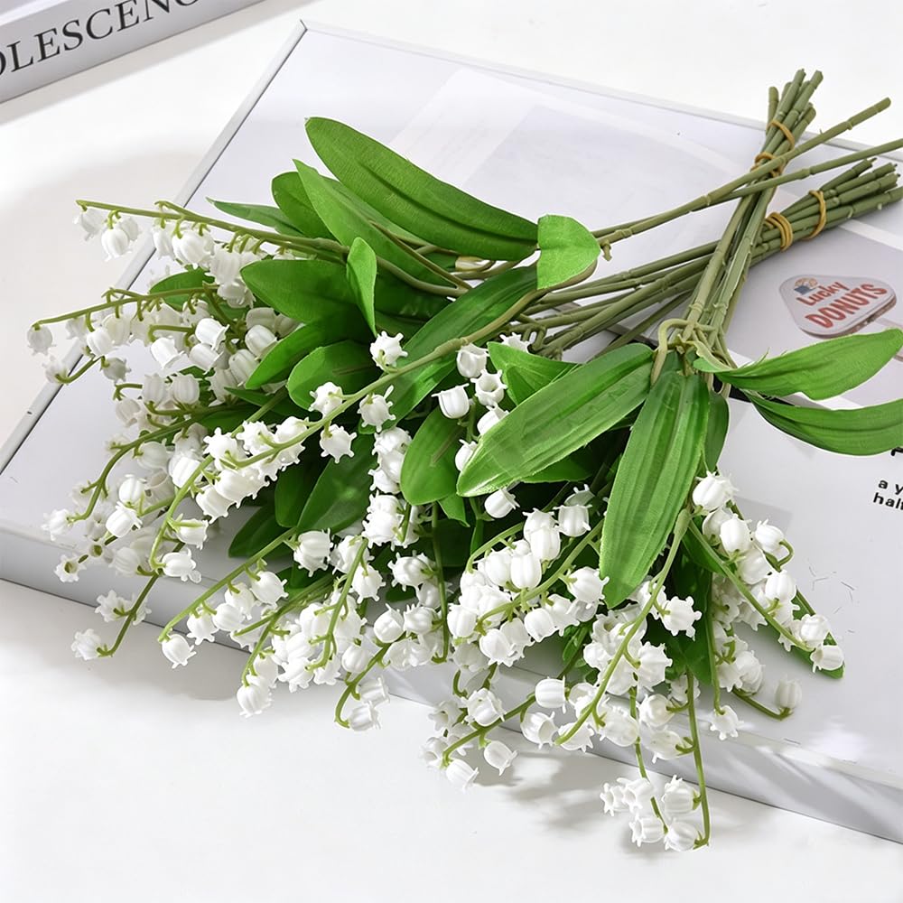 Tinsow 20 Pcs Artificial Lily of The Valley Faux Flowers Bell Orchid Wedding Bouquet, May Flower for Home Garden Wedding Party (20)