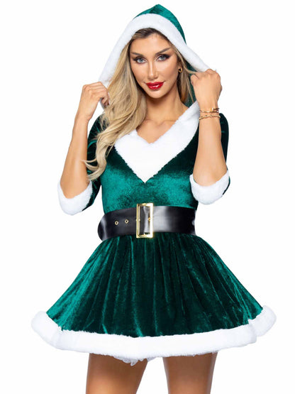 Leg Avenue Womens - 2 Piece Mrs Claus Set Velvet Hooded Dress With Belt for Christmas Adult Sized Costumes, Green, Small Medium US