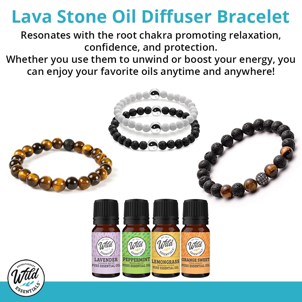 Wild Essentials Turquoise and Hematite Lava Stone Essential Oil Diffuser Bracelet, Expandable Elastic, Aromatherapy Jewelry Gift Set and 100% Pure Oils (Lavender, Lemongrass, Orange and Peppermint)