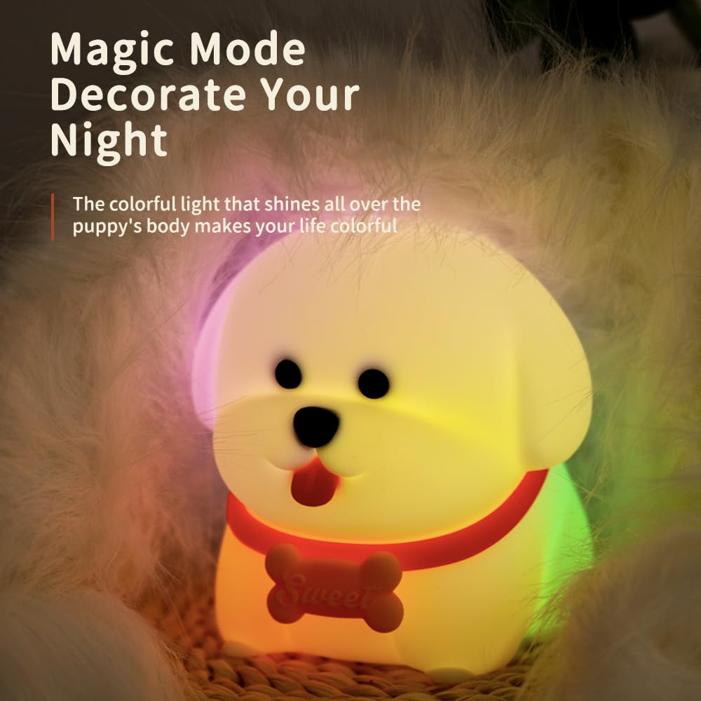 Wonderboy Puppy Night Light, 3000K Warm Light, RGB Color Mode, Adjustable Brightness, 15-Min Auto Off, Silicone, White