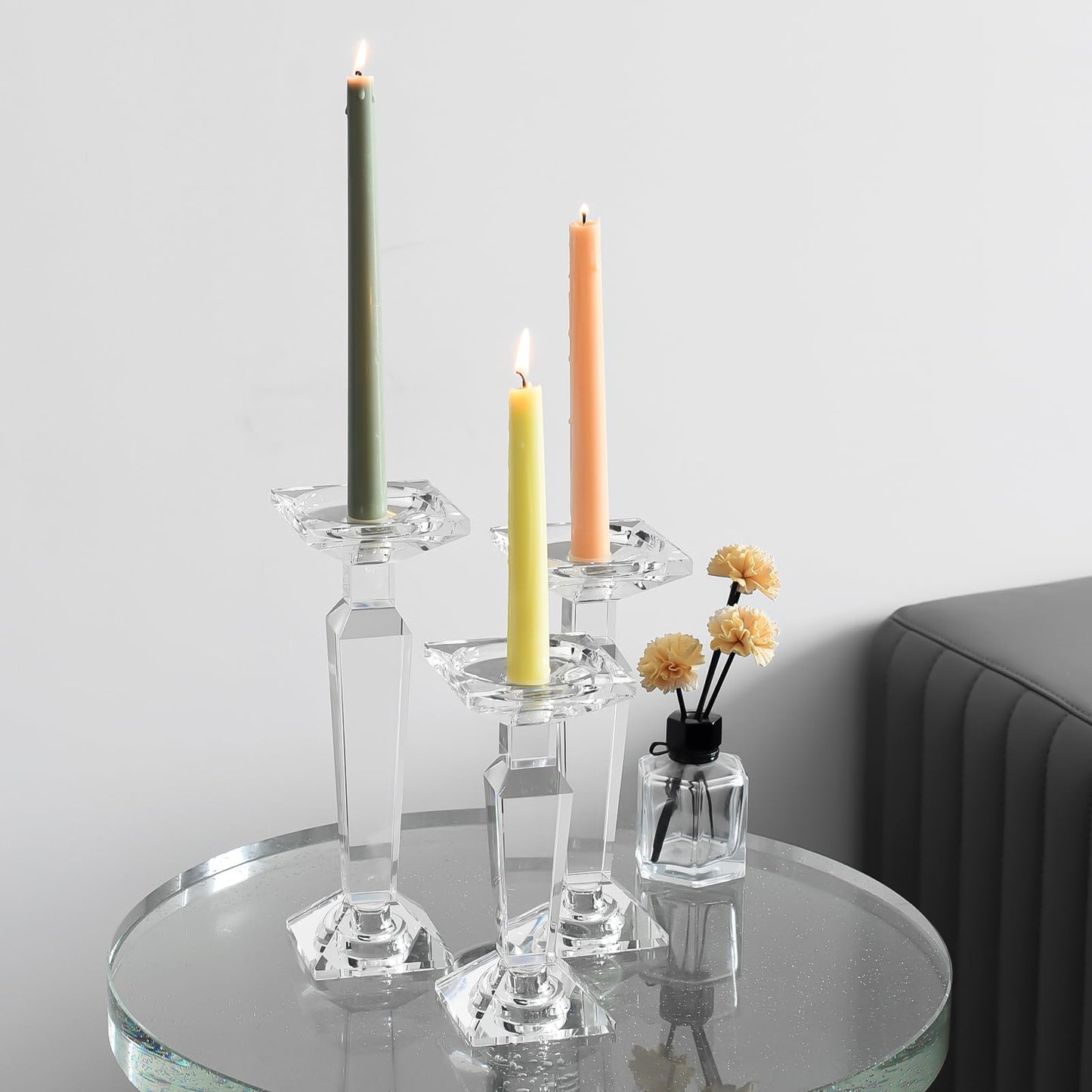 Marvala Crystal Candelabra Set, Dual-Sided Candle Holder Reversible for Taper, Tealight & Pillar Candles 3-in-1 Versatile Stand for Table, Wedding, Christmas, Home Holiday Decor (Set of 3-SML)