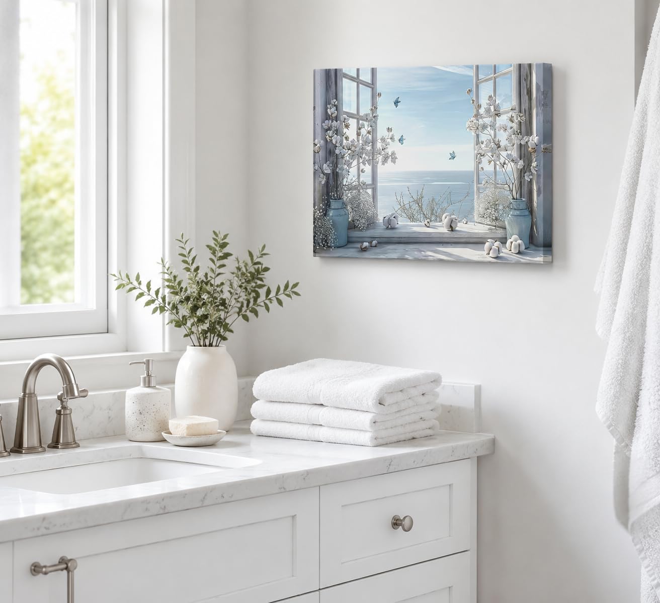 Coastal Flower Bathroom Canvas Wall Art Farmhouse Cotton Bouquet and Butterfly Bathroom on Window Wall Decor Rustic Blue Beach Butterfly Poster Print for Living Room Bedroom Restroom Home Decoration