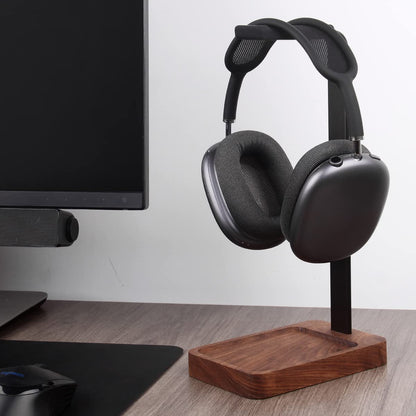 PHERKORM Walnut Wood & Aluminum Headset Holder, Desktop Headphone Stand, Universal headphone holder for most music gaming headsets - Black Walnut