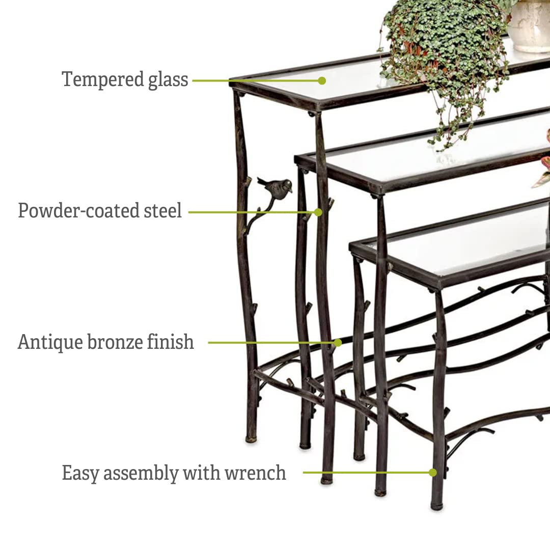 Gardener's Supply Company 3 Tier Plant Stand | Decorative Metal & Tempered Glass Ladder Shelf | Best For Living Room, Patio & Balcony