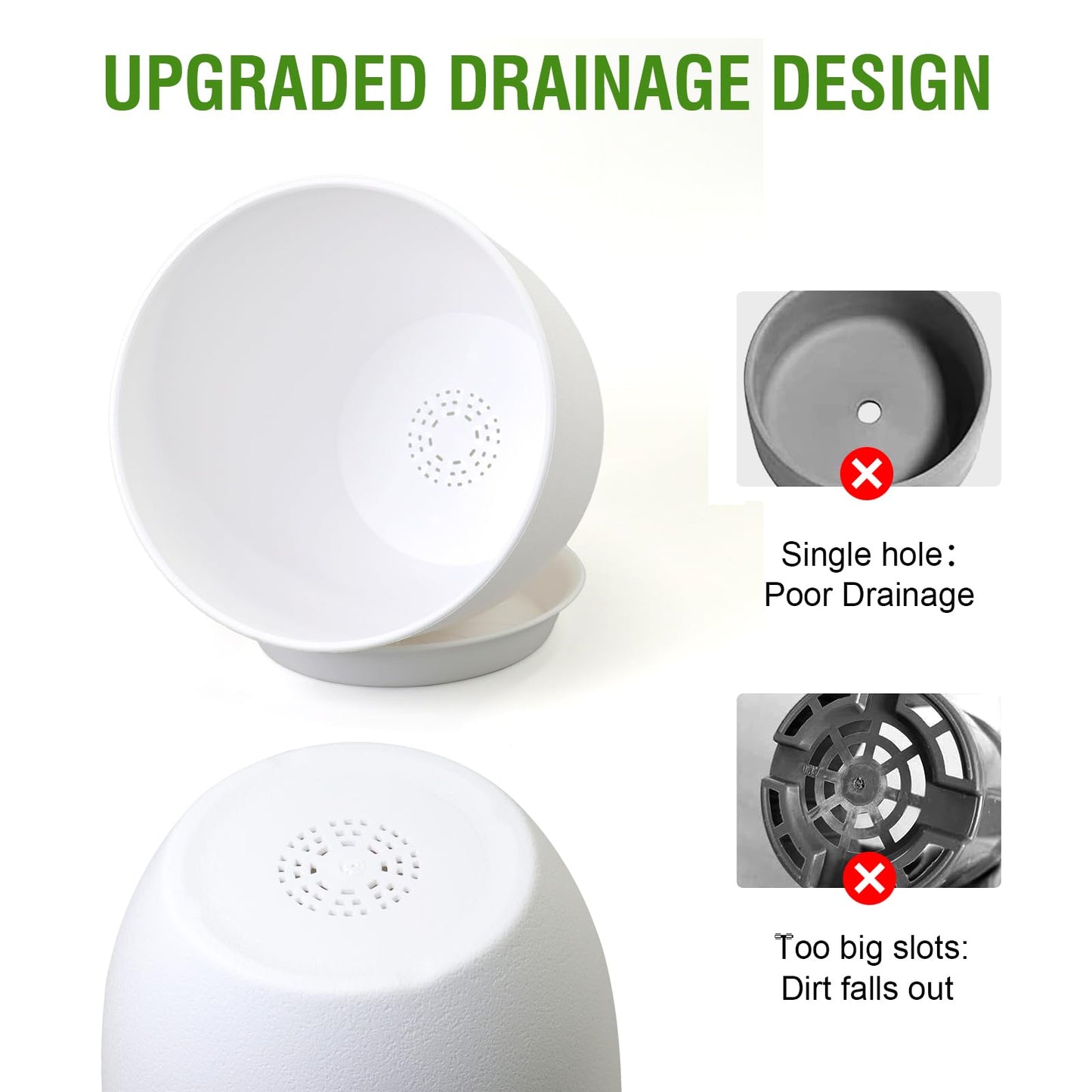 WSMKSZ 12/10/9 inch Large Plant Pots, 3 Pack Modern Decorative Plastic Planters with Drainage Holes and Saucers, Flower Pots for Indoor Outdoor Plants, White