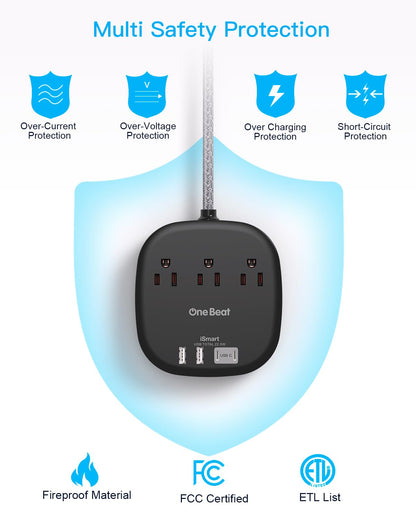 Flat Plug Power Strip, 6ft Ultra Flat Extension Cord - 3 Outlets 4 USB Ports (2 USB C) 22.5W/4.5A Desktop Charging Station, Power Strip No Surge Protection for Cruise Ship, Dorm Room Travel Essentials