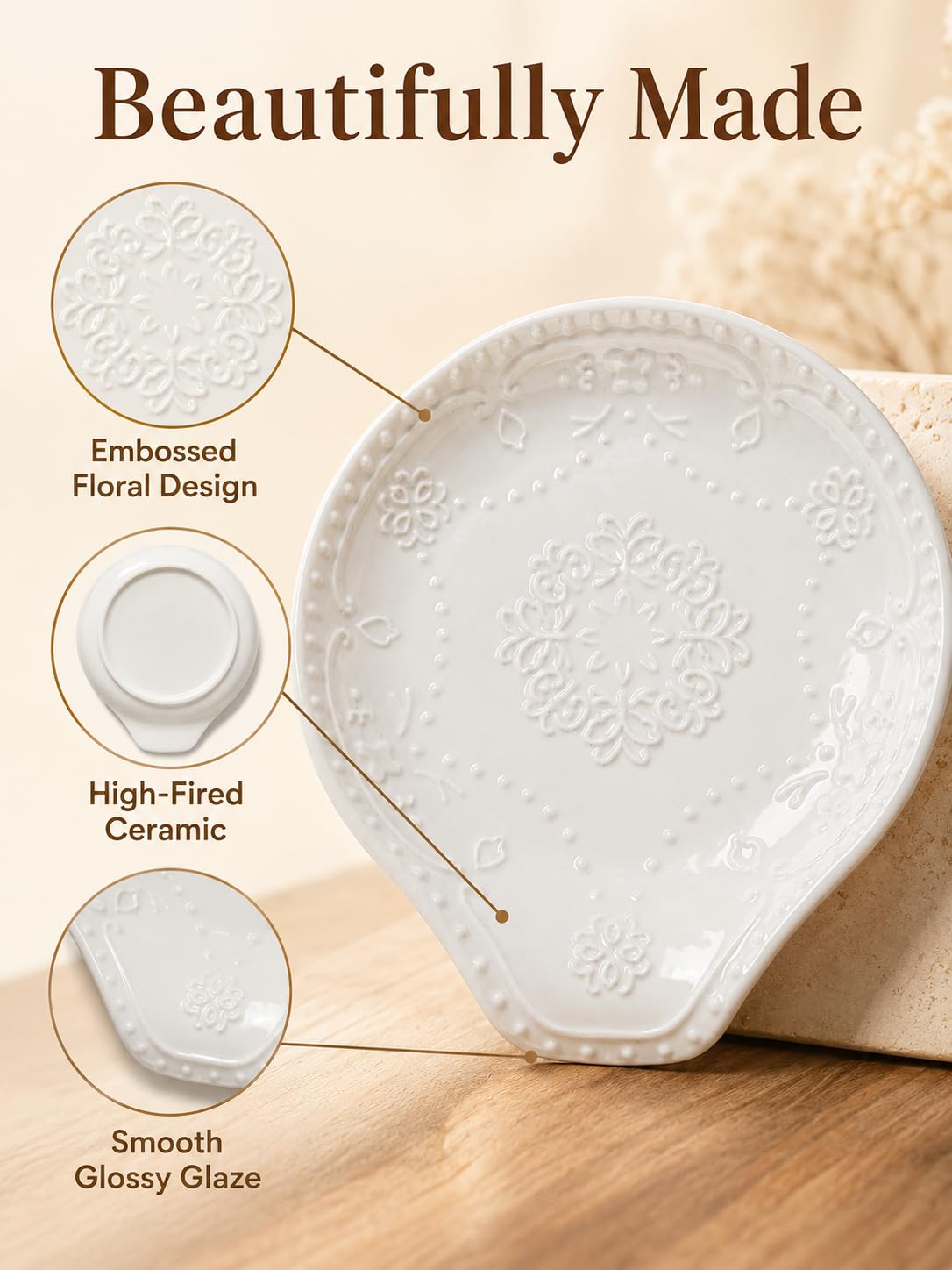 White Ceramic Spoon Rest for Kitchen Counter, 5.7" Spoon Holder for Stove Top, Floral Butterfly Embossed Cooking Utensil Rest, Dishwasher Safe Spoon Plate for Spatula, Ladle, Coffee Spoon