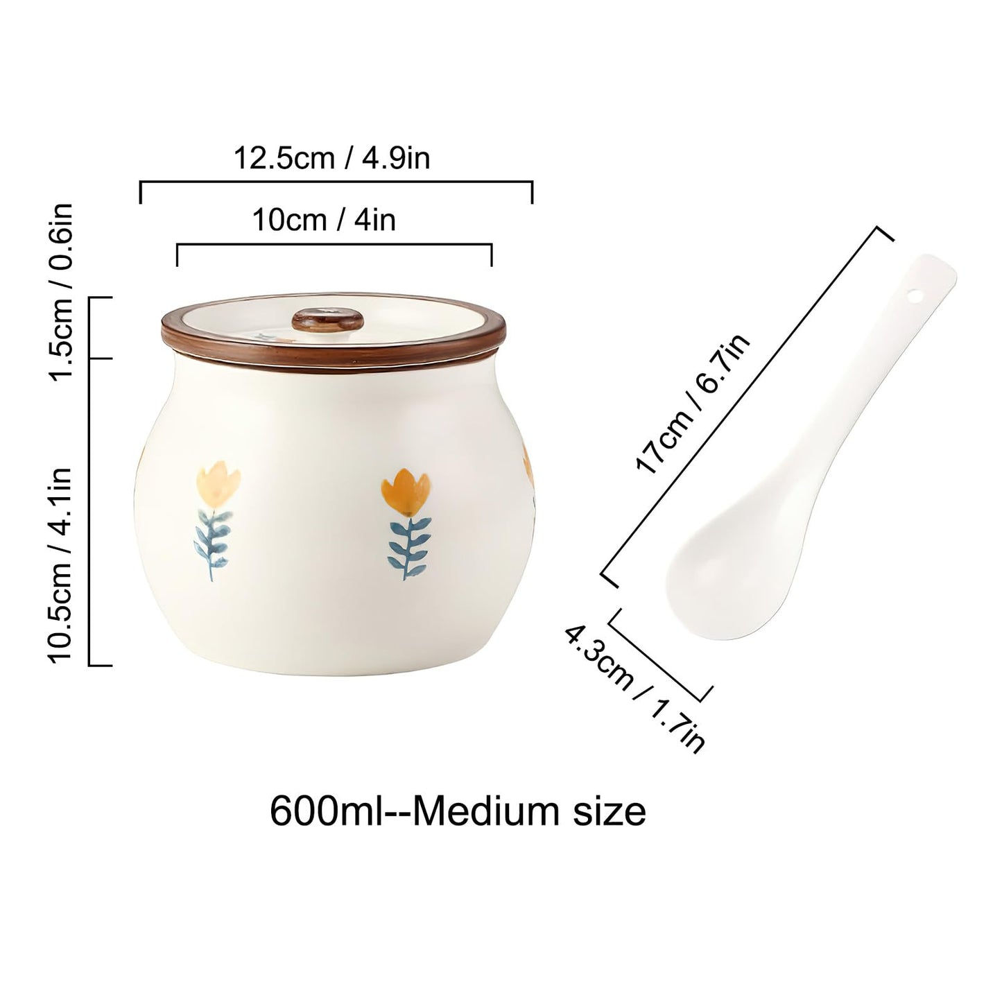auons Ceramic Salt and Sugar Bowl, Porcelain Condiment Jars with Lid and Spoon, Seasoning Spice Pot Bowl, Salt Sugar Pepper Storage Jar, 600ml, Yellow Flower