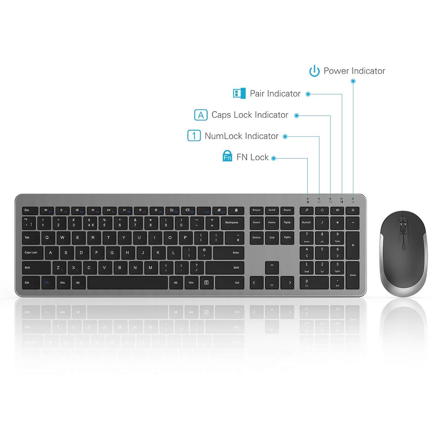 seenda Wireless Keyboard and Mouse Set, SK38 Ultra Slim Quiet USB Wireless Keyboard and Mouse Full Size QWERTY UK Layout with Numeric Keypad for Windows PC, Laptop, Computer, Black and Grey
