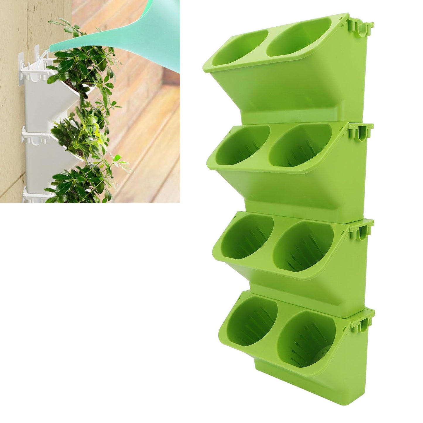 Fabater Self Watering Wall Planter, 4 Pack Stackable Vertical Hanging with Wall Mount Kit, Indoor Outdoor Flower Pots for Garden Home Balcony Decor (Green)