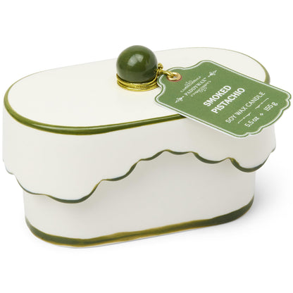 Paddywax CHÉRIE Ceramic Dish Candle, Soy Wax Candle, Poured with Love Ceramic Jar with Scalloped Lid, Reusable Vessel, 5.5 oz, Smoked Pistachio