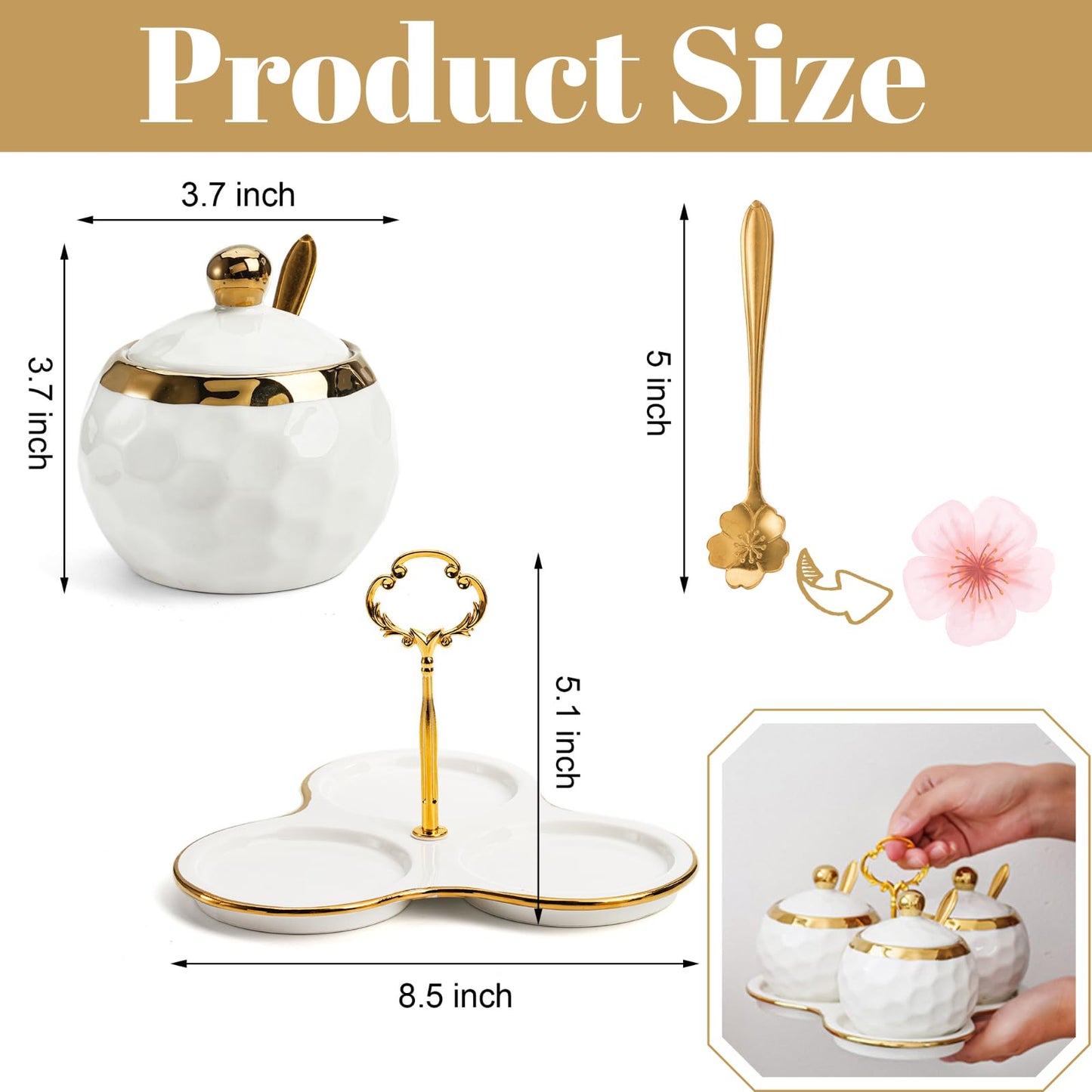 ZENFUN Set of 3 Ceramic Condiment Pots with Trays, Condiment Jars Containers with Lids and Spoons, Porcelain Sugar Salt Bowls Set, White Spice Seasoning Box for Kitchen, Restaurant, Counter, Home