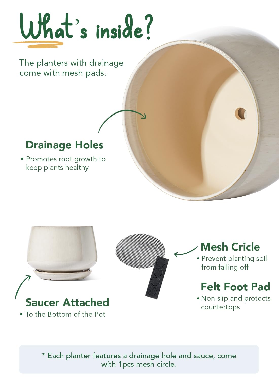 LE TAUCI Ceramic Planter, 10 Inch Plant Pot with Drainage Hole & Saucer – Durable Indoor Planter for Modern Home Decor, Reactive Glaze Beige