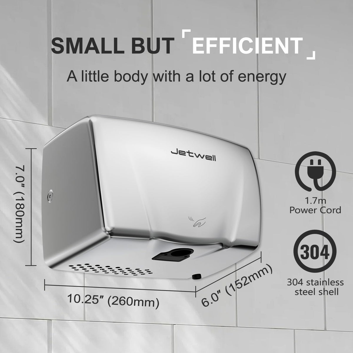 JETWELL 2Pack Compact Hand Dryer for Commercial Bathrooms, Stainless Steel Cover High Speed Automatic Warm Wind with Heating Switch, AC110V-130V