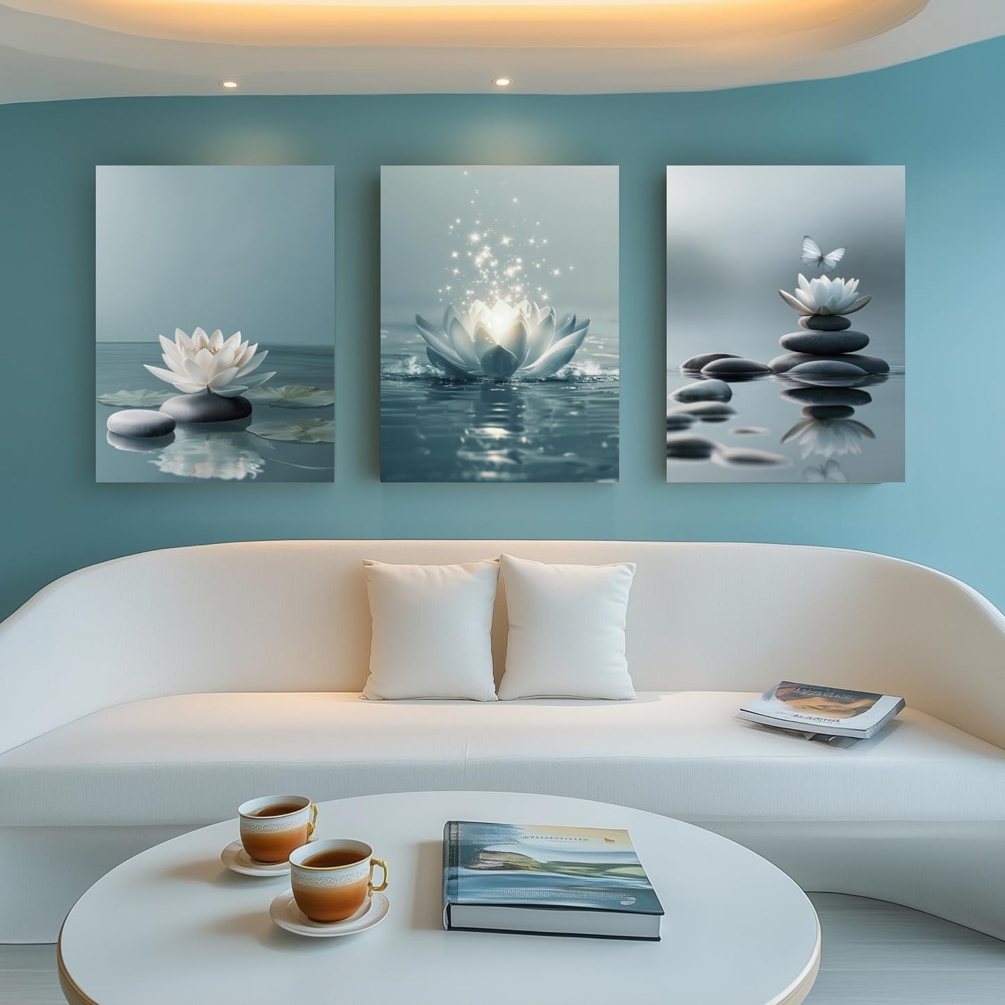 GELDSTEI Calm Zen Botanical Canvas Wall Art, White Lotus Blooming on Stones in Water Aesthetic Pictures, Yoga Spa Meditation Room Decor, Modern Spiritual Poster Prints for Zen Office Framed Set of 3, Each 12x16 Inch
