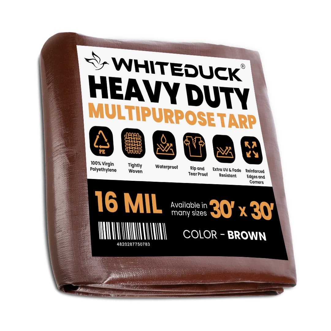 WHITEDUCK Super Heavy Duty Poly Tarp Cover 16 Mil & 10 Mil with Grommets and Reinforced Edges (Brown, White & Silver Black) (Brown- 16 Mil, 30' x 30')