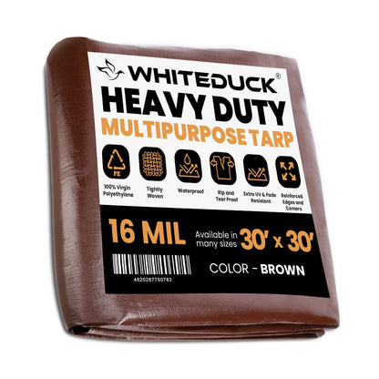 WHITEDUCK Super Heavy Duty Poly Tarp Cover 16 Mil & 10 Mil with Grommets and Reinforced Edges (Brown, White & Silver Black) (Brown- 16 Mil, 30' x 30')