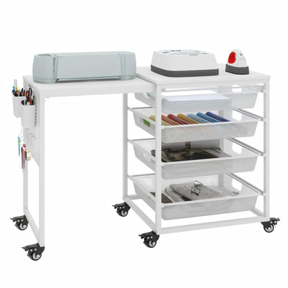 Rolling Craft Storage Cart with Wheels & Mesh Drawers, Extendable Craft Table with Pegboard Organizer, Muti-Functional Work Table for Sewing, Arts and Crafts, Scrapbooking Storage,3D Printers (White)