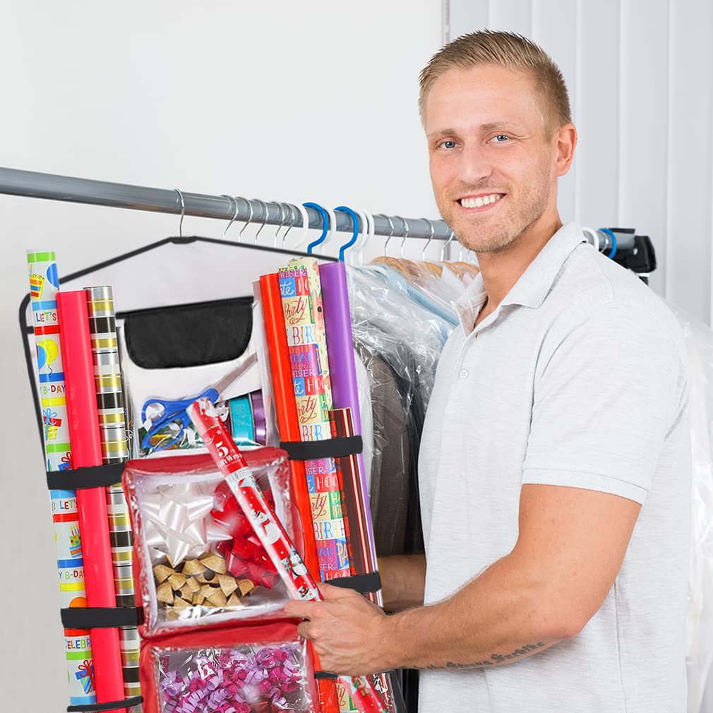 Primode Wrapping Paper Storage Hanging Over the Door Wrapping Paper Organizer Store Gift Wrap Gift Bags Ribbon Bows and Accessories 40”x17” Fits Long 40 Inch Rolls Double Sided Bag (Black Seam)