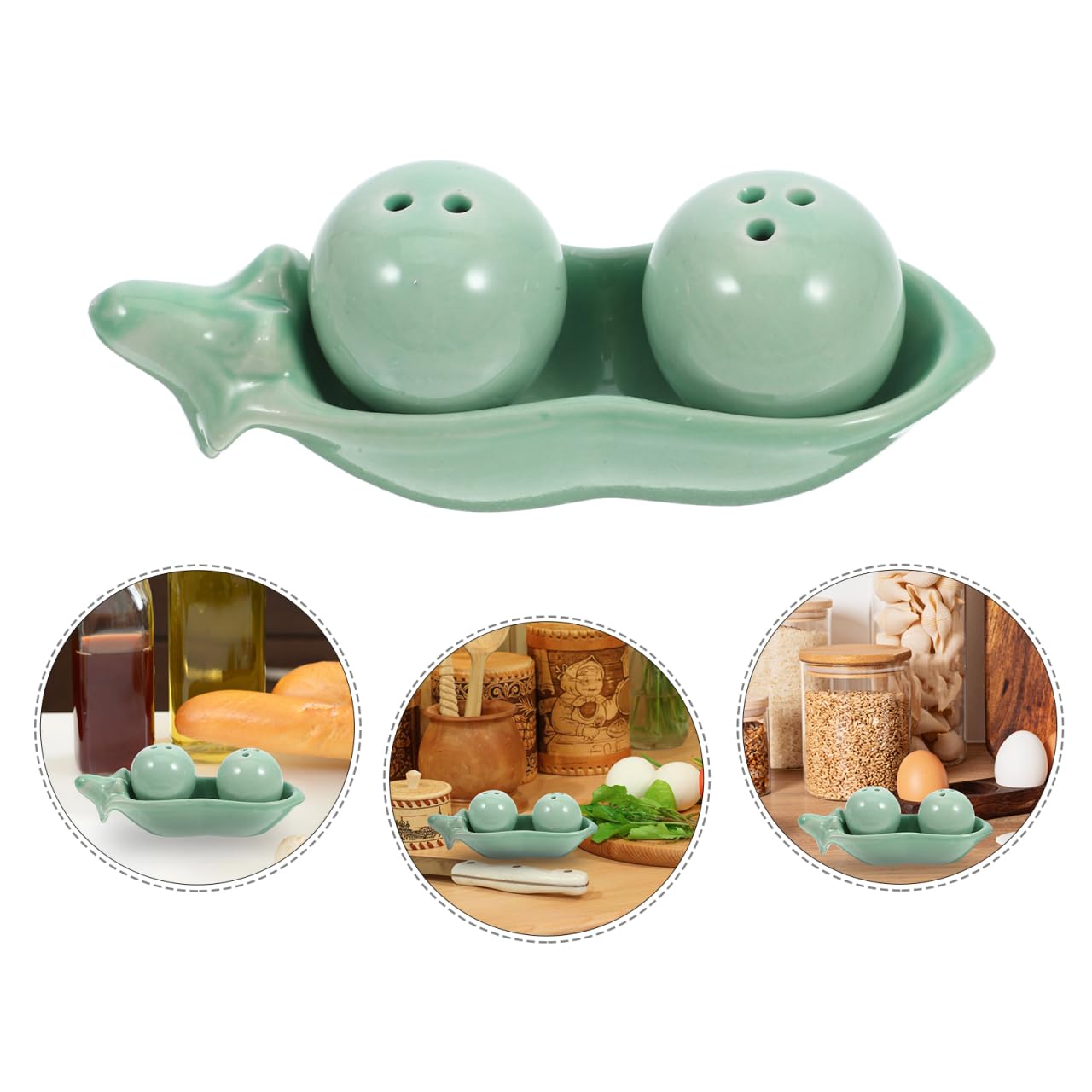 Amosfun Pea Shape Salt Pepper Shakers Set with Tray - Compact Ceramic Seasoning Dispenser Small Spice Jars for Kitchen Dining Table Decor Easy Clean