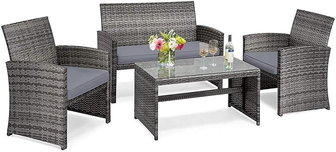 Tangkula 4 Pieces Patio Wicker Conversation Furniture Set, Patiojoy Sofa &