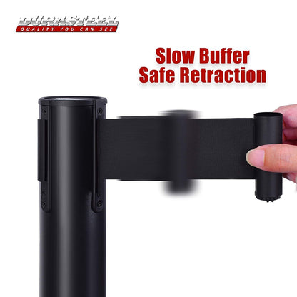 DuraSteel Black Crowd Control Barriers Stanchions with Retractable Belts - Metal Stanchion Posts w/ 6.5ft Black Retractable Barrier Belt Ropes - Queue VIP Safety Line Dividers - Set of 6 Stantions