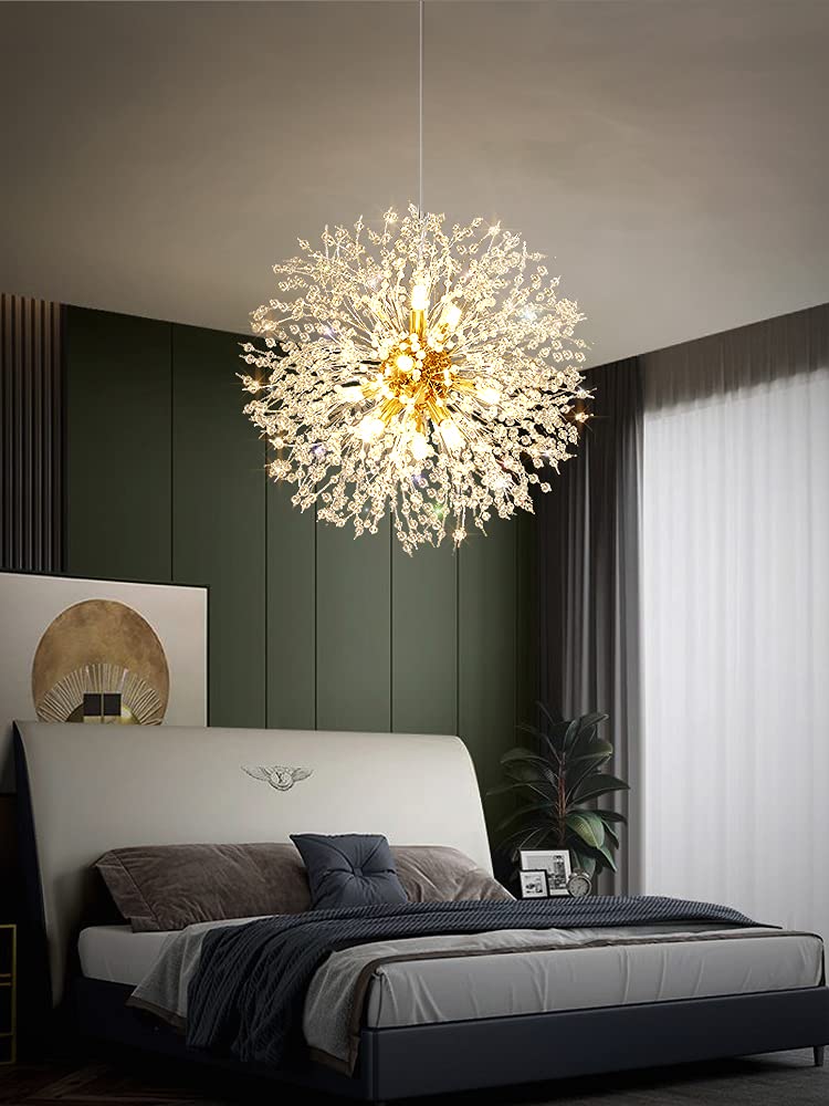Mivenda Gold Crystal Chandeliers 12-Light Modern Dandelion Light Fixture,Firework Chandelier,Personalized Ceiling Hanging Lighting for Bedroom,Dining Room,Living Room Chandelier