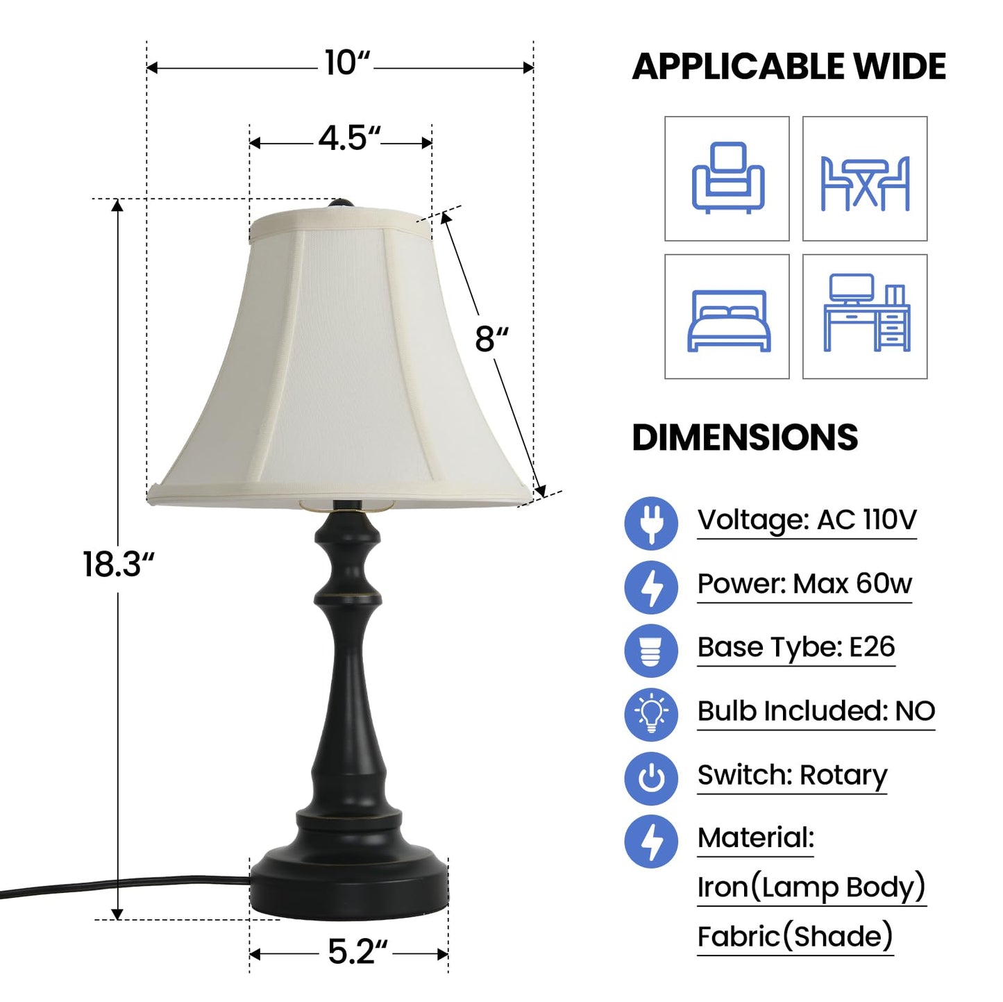 Smeike Traditional Table Lamp, Vintage Desk Lamp for Living Room with Fabric Shade, Farmhouse Bedside Lamp Black Finish for Bedroom Nightstand Office Hotel (Pack-01)