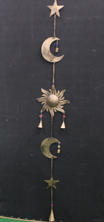 43 Inch Metal Sun Moon Star Wind Chime – Antique Bronze Celestial Wall Hanging with Bells – Handcrafted Boho Home & Garden Decor for Balcony, Patio, Porch, Entryway.