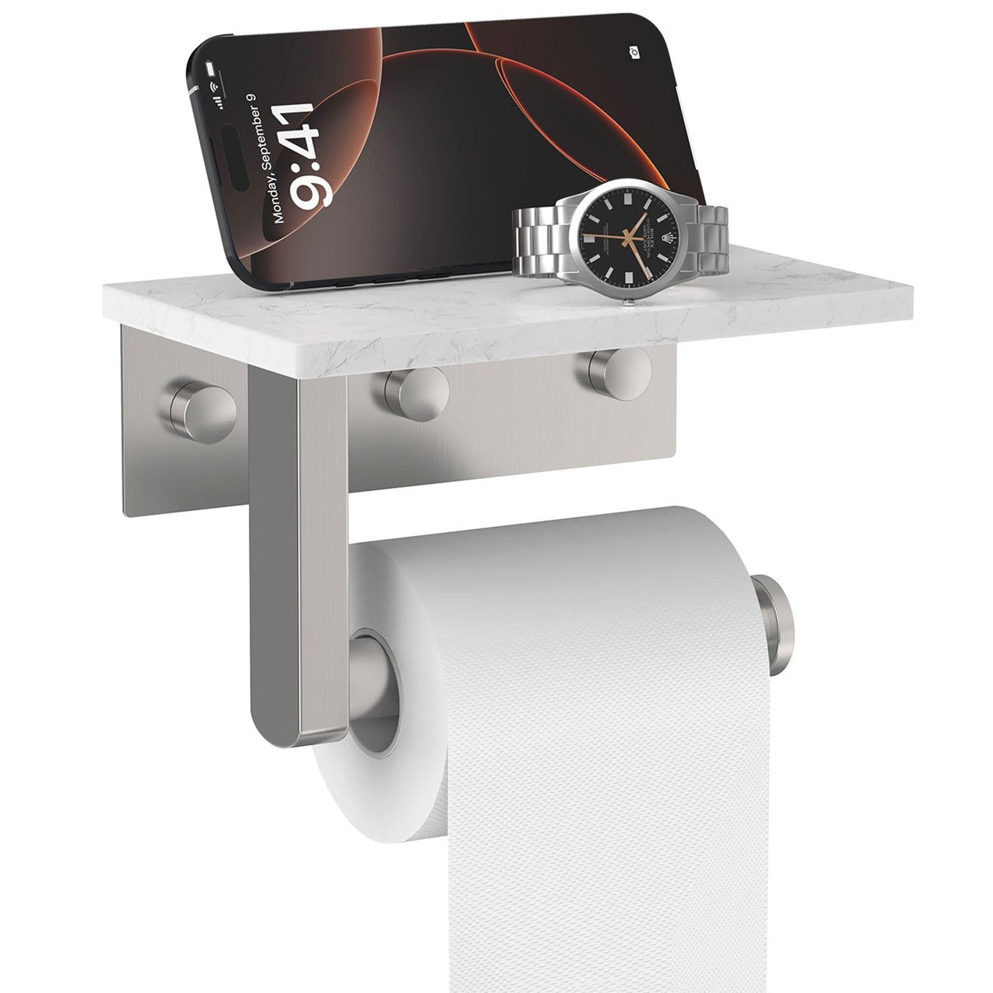 BATHLAVISH Toilet Paper Holder with Marble Shelf, 304 Stainless Steel Tissue Hand Holder Wall Mounted Toilet Paper Roll Hold with Phone Shelf for Bathroom Kitchen Washroom Bedroom, Brushed Nickel