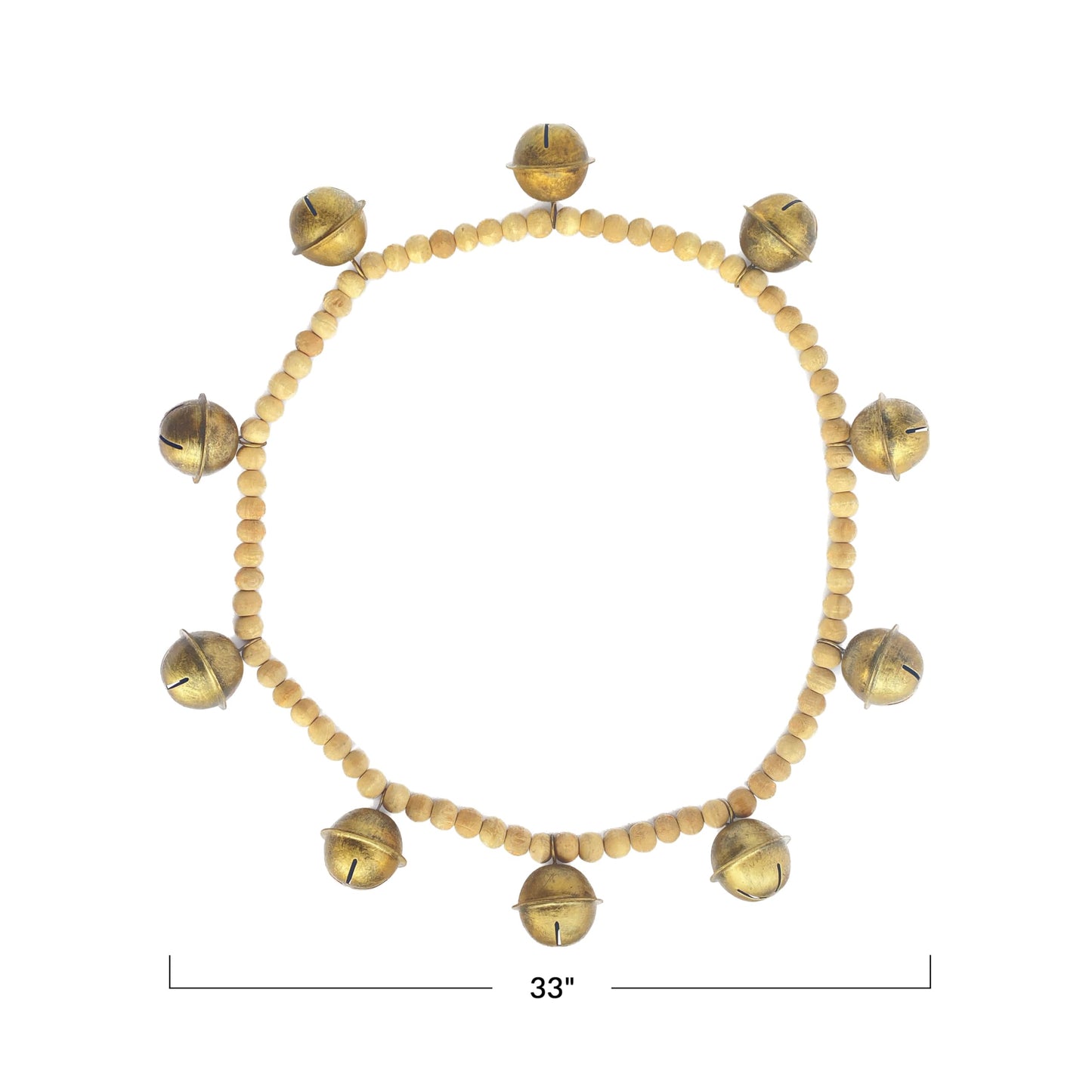 Creative Co-Op Wood Bead and Metal Bell Garland, Natural and Antique Gold Finish