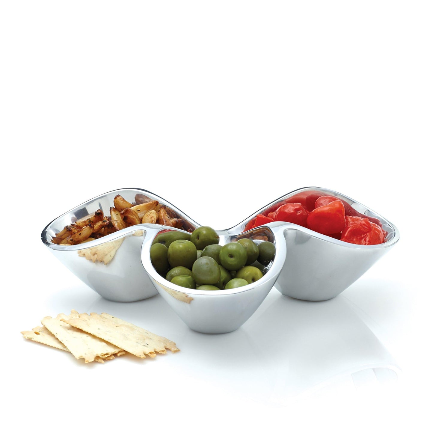 nambe Bella Triple Condiment Server | 3 Part Divided Serving Tray for Condiments, Dips, Appetizers, and Snacks | Made of Metal Alloy | Designed by Steve Cozzolino
