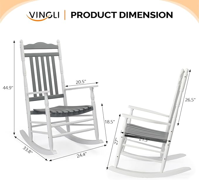 VINGLI Wooden Rocking Chair, Outdoor Chair with 450 lbs Support, Relaxing Rocker with Solid Wood High Back Seat Reclining Seat for Deck, Garden, Backyard, Porch (White & Grey, 1PC)