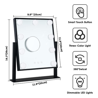 Lighted Makeup Mirror Hollywood Mirror Vanity Mirror with Lights, Touch Control Design 3 Colors Dimable LED Bulbs, Detachable 10X Magnification, 360°Rotation, (White) 12" L x 14" W