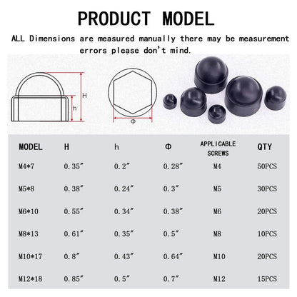wugongshan 145 Pcs Screws Bolt Covers Caps, Hex Head Dome Bolt Covers, Plastic Bolt Caps, Screw Caps Covers, Hexagonal Screw Bolts Cover Protection Caps for Matching, M4 M5 M6 M8 M10 M12