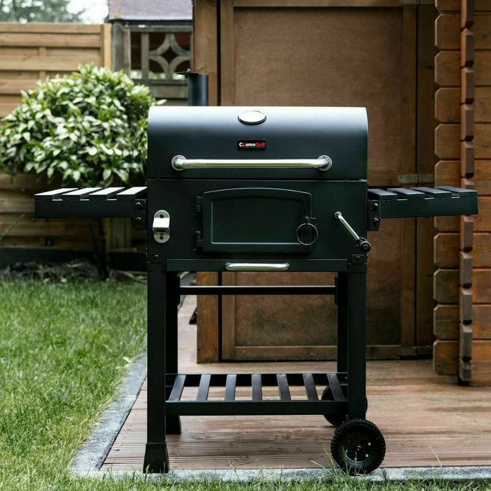 CosmoGrill Outdoor XL Smoker Barbecue Charcoal Portable BBQ Grill, 2 Folding Side Table, Built-in Thermometer, Adjustable Charcoal Pan & Chimney, Wheels, Large Coal BBQ Smoker for Home Garden Cooking