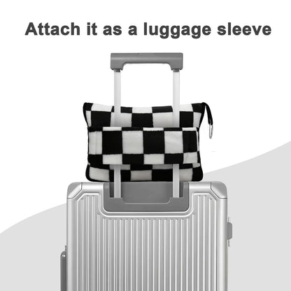 Travel Blanket and Pillow Compact, Premium Soft 2 in 1 Airplane Blanket with Soft Bag Pillowcase，Hand Luggage Sleeve and Backpack Clip (Checkered Black)
