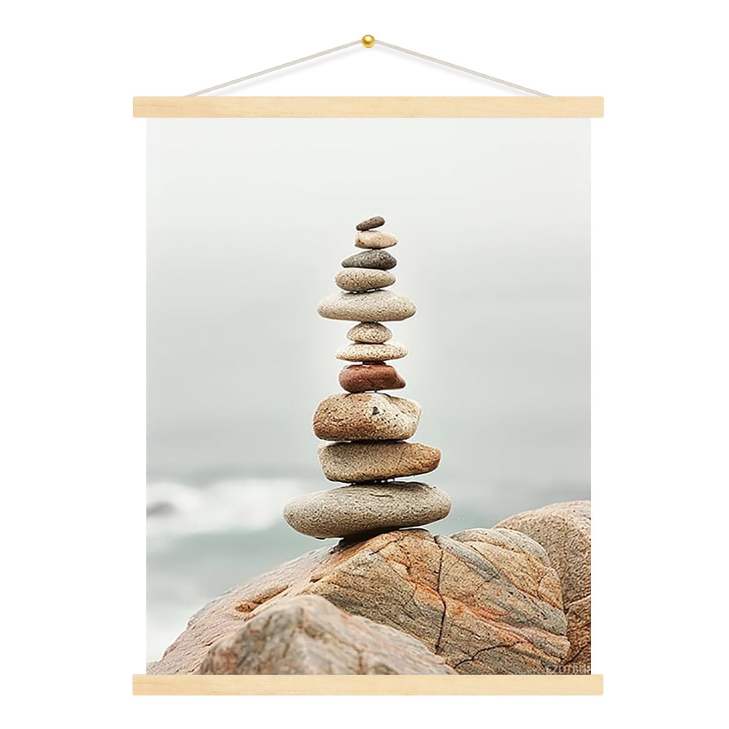 FZDTBHI Tall Zen Rock Stack Wall Art Minimalist Coastal Canvas Poster with Balanced Stones and Misty Horizon for Meditation Focus or Yoga Studio Decor 12x16inch Framed