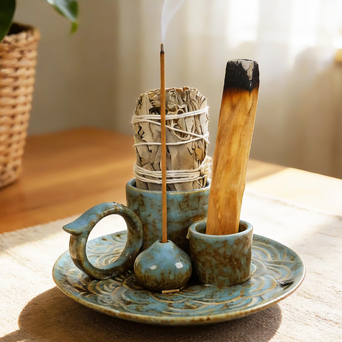 Tnstbiee 4-in-1Blue Ceramic Palo Santo Burner Holder - Small Incense Burner & Smudge Tray Bowl for Incense Sticks/Cones & Sage - Ideal for Meditation Rooms,Zen and Aromatic Scents - Matches Compatible